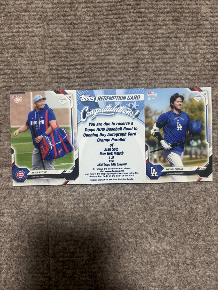 j_kr404's tweet photo. Topps Road To Opening Day1箱開封しました!一旦これでカード開封はお休みと思ってた矢先に、大谷翔平と鈴木誠也とフアン・ソトのレデンプションが!🫰
#topps #rtod https://t.co/Y2IXVkK92D