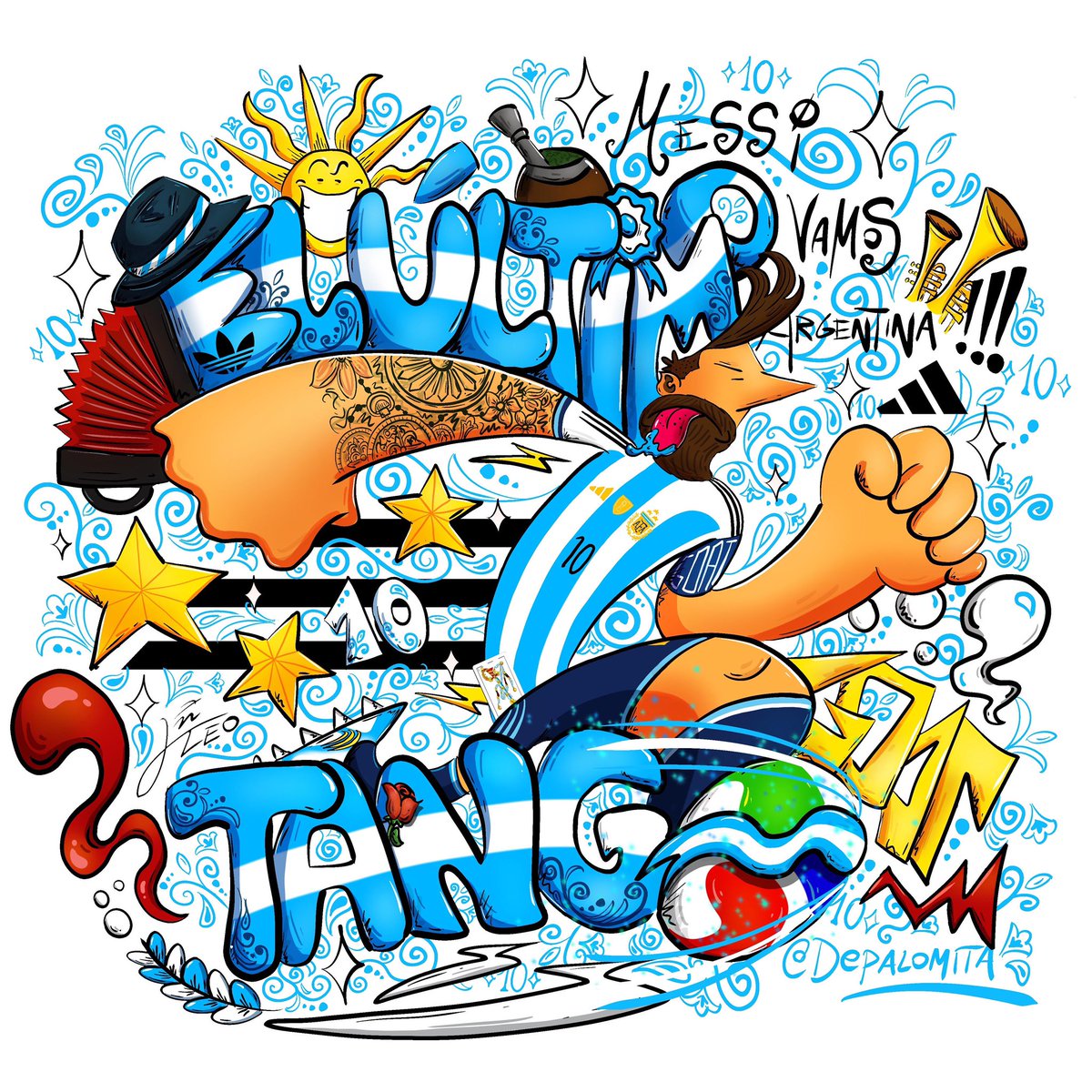 DepalomitaOk's tweet photo. Fileteados tangueros como gambetas del 10 que desparrama rivales e ilusiona a todo un país 🐐🇦🇷
¡Vamos Argentina! 💪🏻
#leomessi #elultimotango #seleccionargentina #ilustracion #arte https://t.co/QG1P9Kb3jT