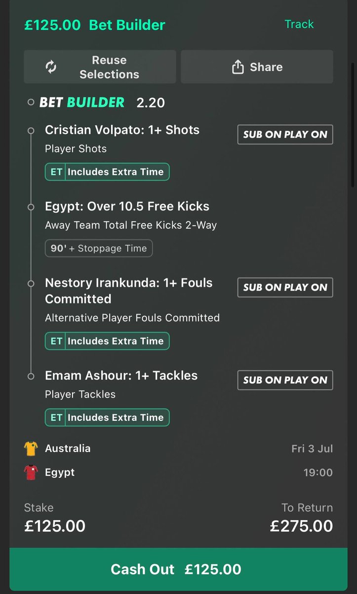 JaysBettingClub's tweet photo. Australia 🇦🇺 v Egypt 🇪🇬 bet builders anyone??

Hit like ‘❤️’ if you’re on

Volpato shots 🇦🇺
1+ shot in 22/25 recent starts (club / country)
Played 3 games for Australia (2 in world cup)
1 shot in 58’ minutes - start
1 shot in 25 minute bench cameo 

Egypt FK’s 🇪🇬
O10.5 free kicks in 21/23 recent games
19, 17, 15 in the world cup so far

Australia conceded o10.5 FK’s in 10/12 recent games, conceded 6, 16, 13 in the world cup so far

Irankunda - with us needing Egypt to get free kicks we may aswell take Australias highest fouler in the BB.

Irankunda fouls committed for Australia🇦🇺
1, 2, 1, 2, 1, 2, 1, 1, 2, 4, 2

Ashour tackles for 🇪🇬
2, 0, 1, 1, 2, 1, 2, 0, 1, 1, 3, 1

1+ tackle in 13/16 (club / country)

Australia tackles against so far 
24, 20, 12 - highly drawing them in wide areas where Ashour should be