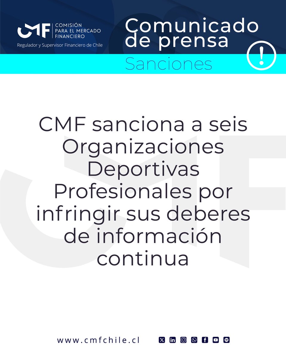 cmfchile_'s tweet photo. #SancionesCMF | La CMF informa que su Consejo sancionó a seis Organizaciones Deportivas Profesionales (ODP), por infringir sus deberes de información continua, al no remitir a la CMF información financiera periódica dentro del plazo previsto.

🔗https://t.co/P7Nljmz40h https://t.co/VG6FSNjkTn