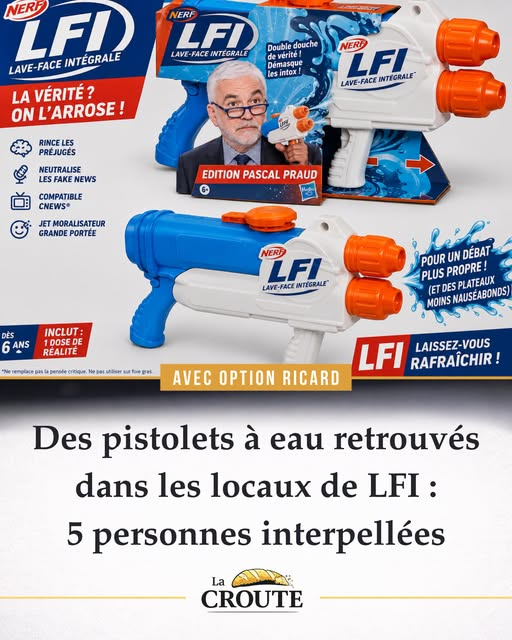 JRenardiere's tweet photo. Coup de filet de la police aquatique. Les chaînes d’information ont annoncé la découverte de plusieurs pistolets à eau dans les locaux de La France insoumise. Cinq personnes ont immédiatement été interpellées  pour « possession illégale d’humidité organisée en réunion ». https://t.co/9b5lsq6rpZ