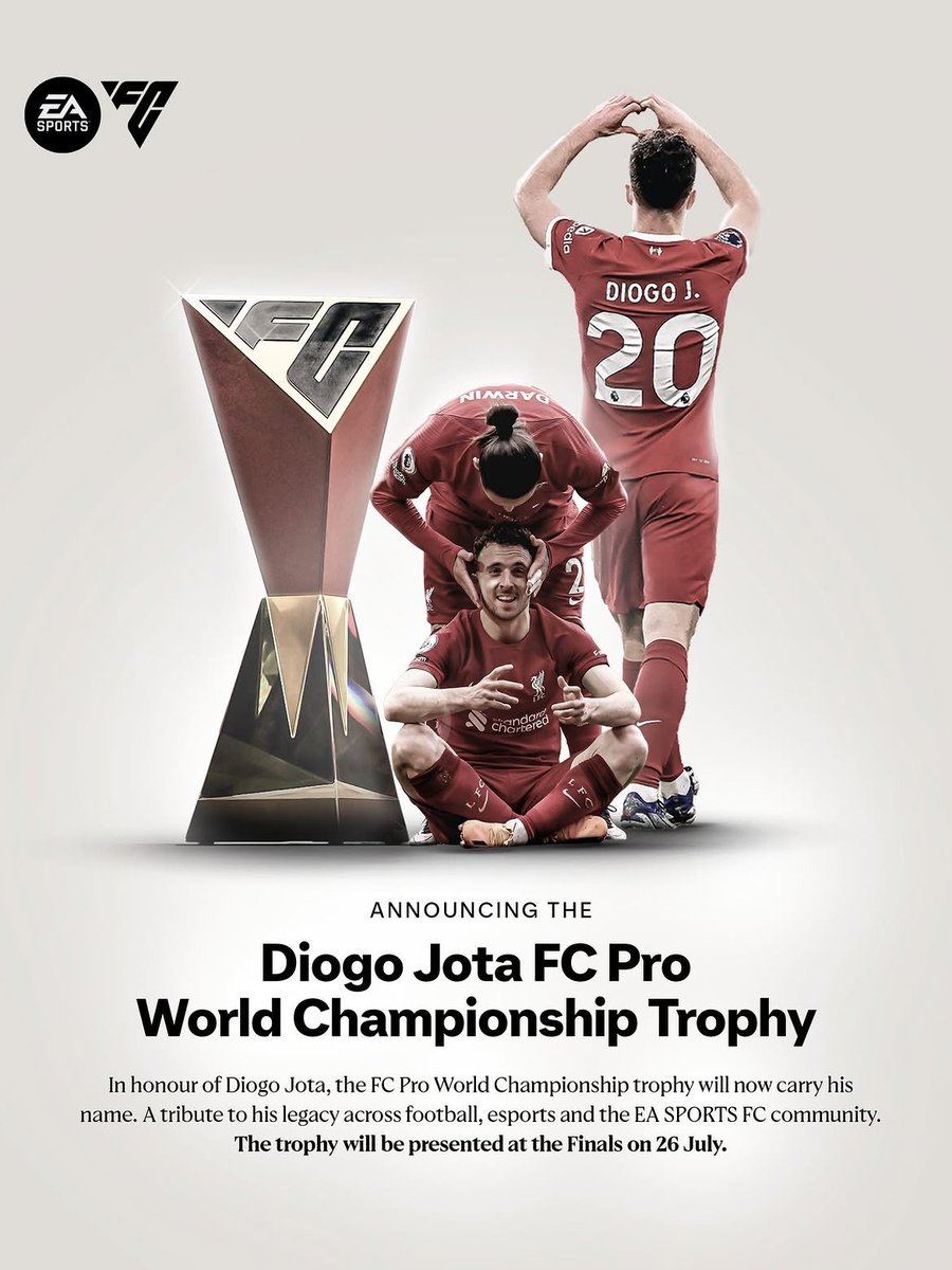 maisesportsbr's tweet photo. 🚨 Eletronic Arts batiza troféu do mundial de EA FC em homenagem a Diogo Jota

"Com a bênção da sua família, o troféu foi renomeado em reconhecimento ao amor de Diogo pelo EA SPORTS FC e pela sua paixão pelo esports - tanto como competidor quanto como fundador da sua própria equipe de esports", afirma a empresa.

O troféu será apresentado nas finais do torneio, no dia 26 de julho.