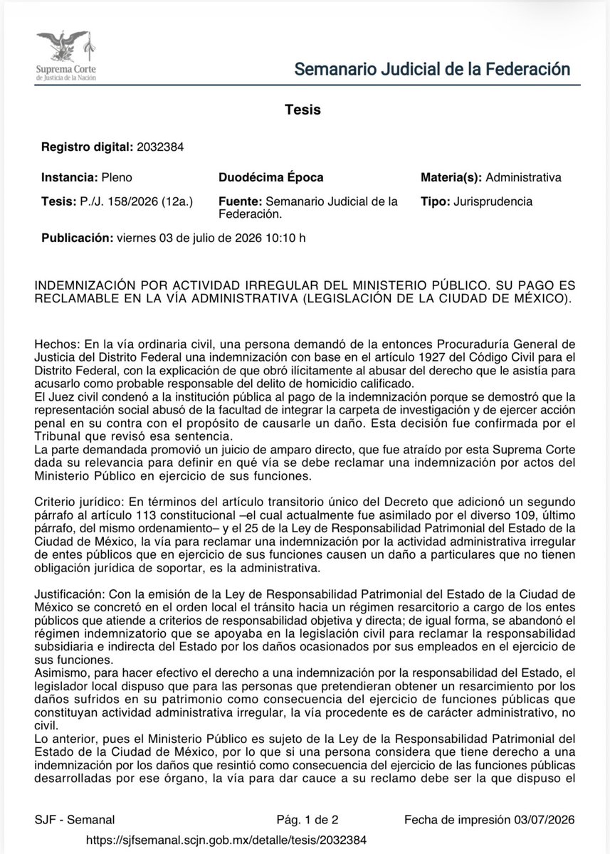 rsperrilliat's tweet photo. INDEMNIZACIÓN POR ACTIVIDAD IRREGULAR DEL MINISTERIO PÚBLICO. SU PAGO ES RECLAMABLE EN LA VÍA ADMINISTRATIVA (LEGISLACIÓN DE LA CIUDAD DE MÉXICO). https://t.co/rKeAlwkr5e
