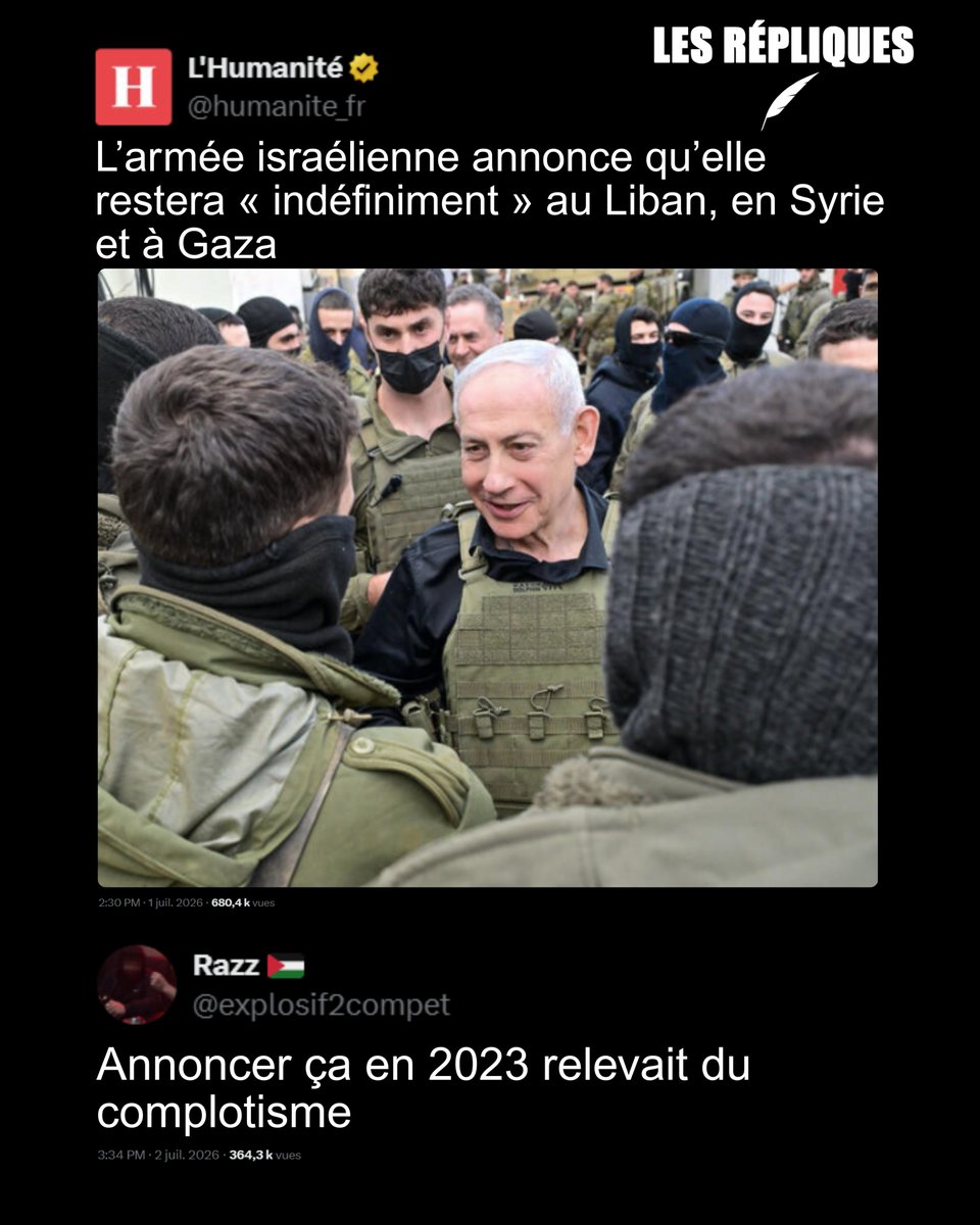 Les_Repliques's tweet photo. Le ministre israélien de la Défense, Israël Katz, a déclaré que l’armée israélienne resterait « indéfiniment » dans ce qu’elle qualifie de « zones de sécurité » établies au Liban, en Syrie et dans la bande de Gaza

@explosif2compet https://t.co/iiuFrVhleL