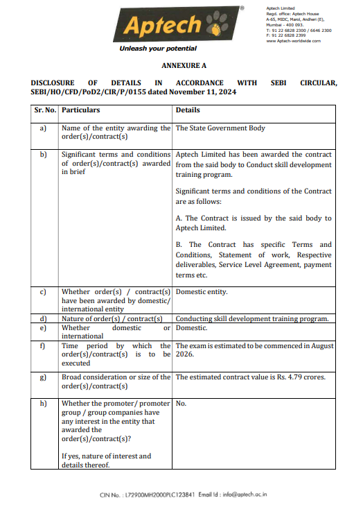 alkeshthakkar's tweet photo. DATED : 03/07/2026

#APTECHT - 104.22

Aptech Limited has received a Work Order from the State Government body. The estimated contract value is Rs. 4.79 crores. https://t.co/6Xjo6aiNJa