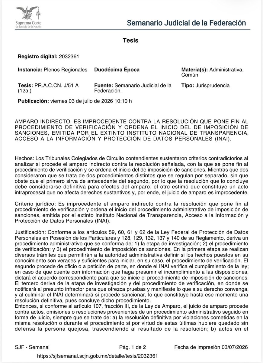 rsperrilliat's tweet photo. AMPARO INDIRECTO. ES IMPROCEDENTE CONTRA LA RESOLUCIÓN QUE PONE FIN AL PROCEDIMIENTO DE VERIFICACIÓN Y ORDENA EL INICIO DEL DE IMPOSICIÓN DE SANCIONES, EMITIDA POR EL EXTINTO INSTITUTO NACIONAL DE TRANSPARENCIA, ACCESO A LA INFORMACIÓN Y PROTECCIÓN DE DATOS PERSONALES (INAI). https://t.co/v2lSsjW9Xz