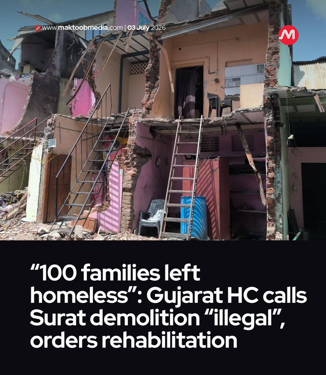 MaktoobMedia's tweet photo. The Gujarat High Court on Thursday observed that it was the Surat Municipal Corporation's (SMC) duty to ensure that over 100 families displaced by the "unauthorised" demolition drive at Nasir Nagar on May 30 are rehabilitated, either by rebuilding their homes "at the very place" or by accommodating them elsewhere.

https://t.co/IKpaZGbLNg