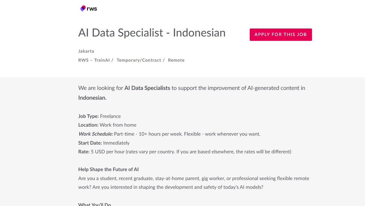 hypeermarch's tweet photo. 🚨LUPAIN OUTLIER DULU GUYS! 🚨

ada opty remote job baru dr RWS AI nih

bisa coba apply kesini ya: https://t.co/PQ2SddWiCf
kerjanya mirip kaya project aether yg ada di outlier, rate pengerjaannya 5 USD per jam. cus lgsg apply!

freelance remote job dollar wfh https://t.co/2w41LX5Z9w