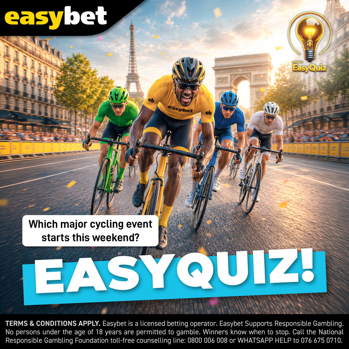 Easybet_SA's tweet photo. Ready, set, ride! 🚴‍♂️🇫🇷

The race is rolling through France! Which major cycling event starts this weekend?

Comment your answer below for a chance to win a Bonus Bet! 

Bet now: https://t.co/WECO0rsk6Z

#EasyQuiz #Easybet #SportsBetting https://t.co/ttphm1CuSX