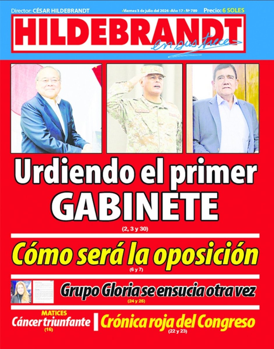 ensustrece's tweet photo. En #Hildebrandt @ensustrece: URDIENDO EL PRIMER GABINETE por @mecozam. Keiko Fujimori ha recibido un consejo de su entorno: que el equipo ministerial del debut tenga más de una sorpresa. Por eso se habla de Francisco Tenya como canciller, Elmer Cuba en Economía, el general EP David Ojeda en Interior y el excandidato José Williams Zapata en Defensa. Nada está definido, sin embargo. El reportaje en https://t.co/Yd2EU1qlZG.