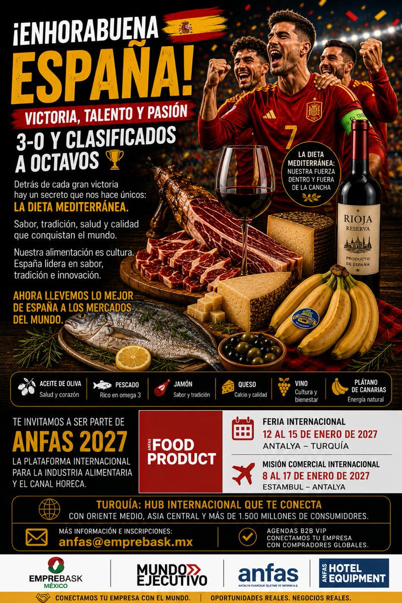 Emprebaskmexico's tweet photo. 🇪🇸 ¡Enhorabuena, España! ⚽👏
Victoria dentro de la cancha y excelencia fuera de ella. La gastronomía española continúa siendo un referente mundial de calidad, tradición e innovación.
Conecta tu empresa con nuevos mercados en #ANFAS2027.
#EmprebaskMéxico #anfas #España https://t.co/kBaC0kGPEQ