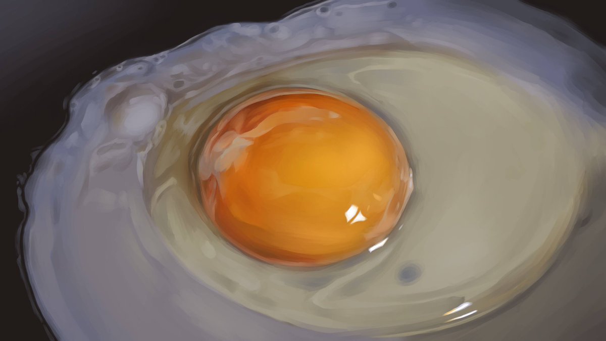 aka_nuc's tweet photo. 1時間50分くらいで描いた焼き途中の卵の絵の描き始め(←)と完成(→)。 https://t.co/EAwsufu2Fk