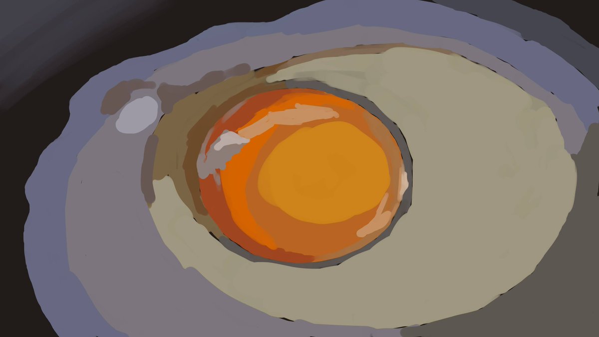 aka_nuc's tweet photo. 1時間50分くらいで描いた焼き途中の卵の絵の描き始め(←)と完成(→)。 https://t.co/EAwsufu2Fk