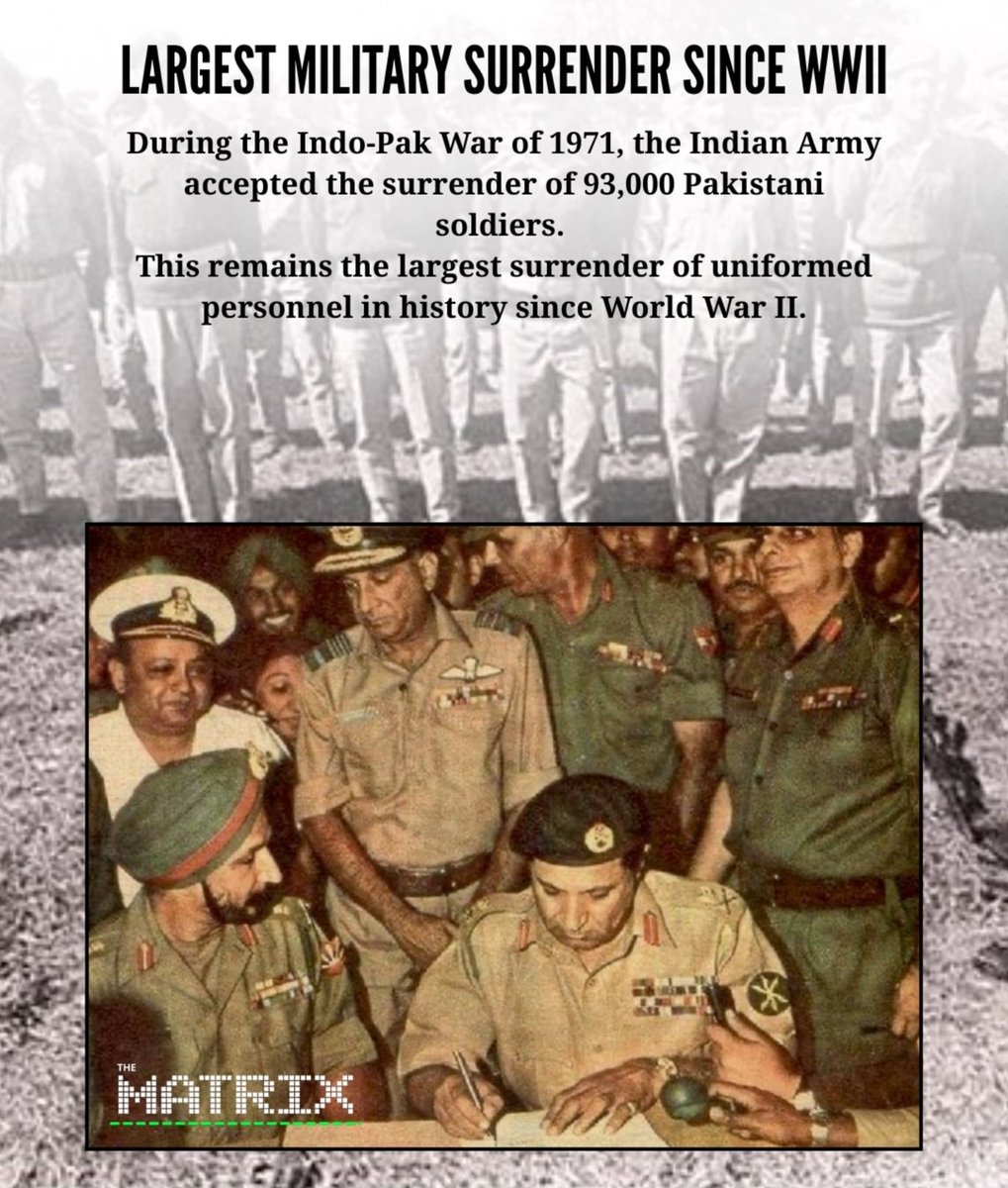 RealMDBilal's tweet photo. 2 shameful statements in history that have never happened to any country except #Pakistan 
LARGEST 
# MILITARY SURRENDER SINCE WWII
During the #Indo-Pak War of 1971, the Indian Army accepted the surrender of 93,000 #Pakistani soldiers.
This remains the largest surrender of uniformed personnel in history since World War I. #Pak #Military #Pant #Shirt
 @SanaYousafzai9 @hasankhyber