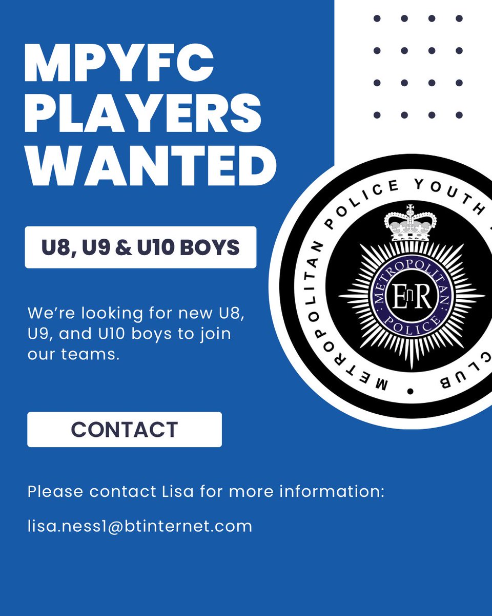 MPYFC's tweet photo. 🔹MPYFC Players Wanted🔹
 
MPYFC are looking for players to join U8, U9, and U10 teams🤝🏼

For more information, please email us!📧
Lisa.ness1@btinternet.com

#MPYFC #MetPoliceYouthFC #footballteam #youthfootball https://t.co/GL4zzXX6rx