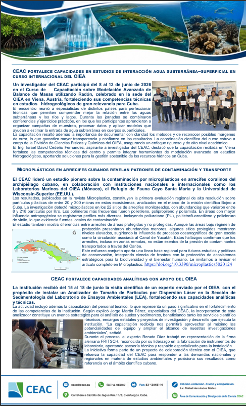 CEAC_Cuba's tweet photo. 📘 Disponible Boletín Informativo CEAC | II Trimestre 2026.
Compartimos principales resultados de investigación, innovación, cooperación científica y gestión ambiental desarrollados durante este período.
Continúa leyendo el resto del boletín en siguiente post
#CEAC #Ciencia https://t.co/kLzNMx34FU