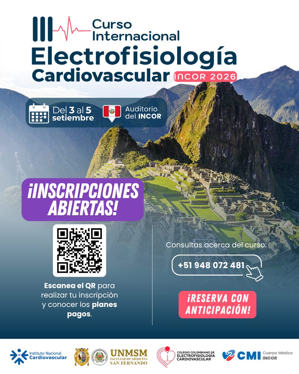 ElectroINCOR's tweet photo. INSCRIPCIONES ABIERTAS, ESCANEA EL QR Y CONOCE PLANES DE PAGO !!!!

III Curso Internacional de Electrofisiología INCOR 2026⚡.   

🚨Talleres Cupos Limitados!!               

📅 Del 3 al 5 de Setiembre 

Escríbenos por WhatsApp 👉: 📱948072481 /https://t.co/w9x9h3U08e https://t.co/fWRg8pYX22
