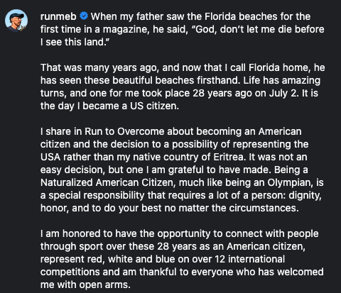runmeb's tweet photo. I am honored  to have the opportunity to connect with people through sport over these  28 years as an American citizen, represent red, white and blue on over  12 international competitions and am thankful to everyone who has  welcomed me with open arms. https://t.co/6V8jL6lhKn