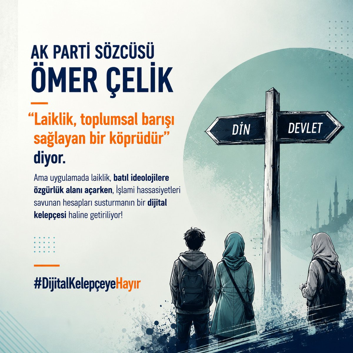 _tevhidekip_'s tweet photo. AK Parti Sözcüsü Ömer Çelik "Laiklik, toplumsal barışı sağlayan bir köprüdür" diyor. Ama uygulamada laiklik, batıl ideolojilere özgürlük alanı açarken, İslami hassasiyetleri savunan hesapları susturmanın bir dijital kelepçesi haline getiriliyor!

#DijitalKelepçeyeHayır https://t.co/tXNX7TSFYe