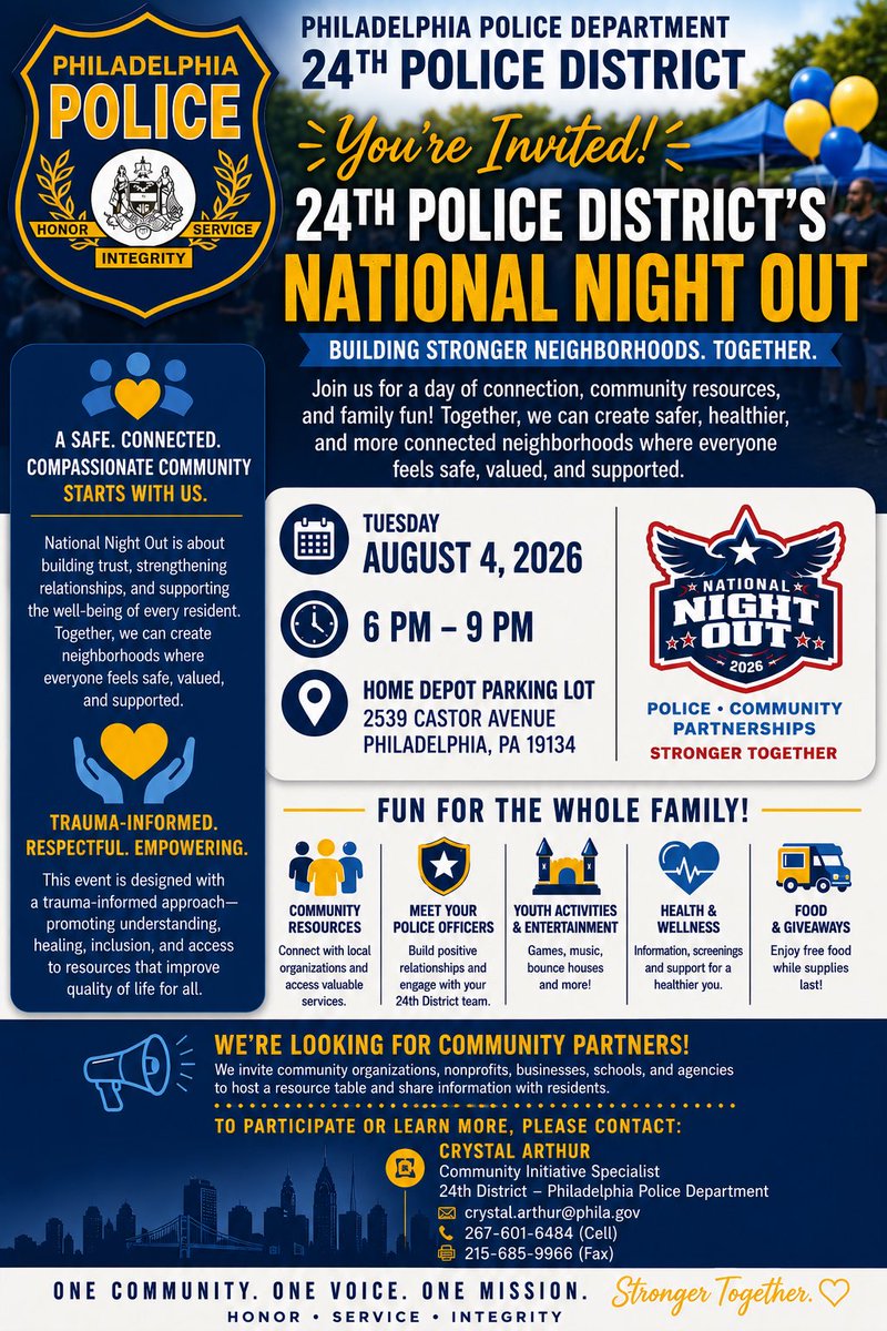 PPD24Dist's tweet photo. 🚔 Join the 24th District for National Night Out on Aug. 4 from 6–9 PM at 2539 Castor Ave.! Food, family fun, community resources, giveaways, and a chance to connect with your local officers. #NationalNightOut #PPD24 https://t.co/vv0Cw5tWgR