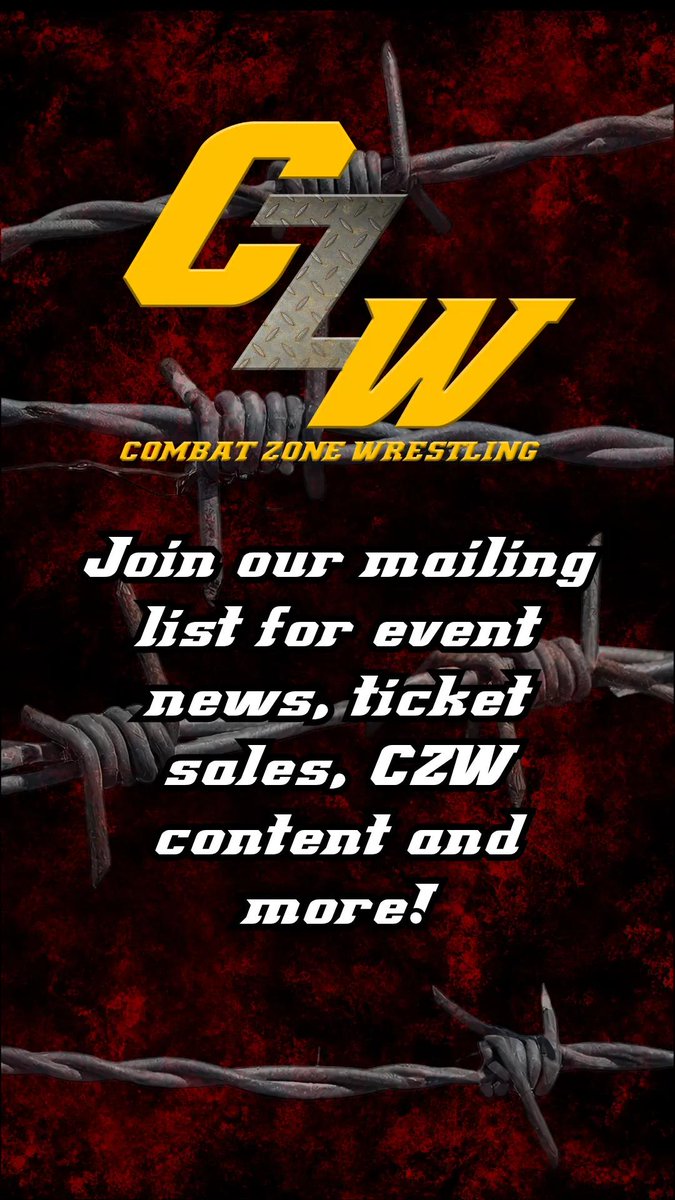 combatzone's tweet photo. Never miss an event! Join the NEW and IMPROVED Combat Zone Wrestling mailing list today!

https://t.co/BpKuROUuog https://t.co/ZdQuenMEnE