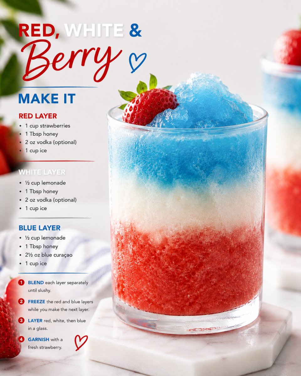 CAStrawberries's tweet photo. 🇺🇸 Red, White &amp; Berry Frozen Cocktail (or mocktail). 🍓🫐 Three layers. Surprisingly simple! 

👉 Swipe to save this recipe for your Fourth of July celebration!
#frozendrinks #fourthofjuly #drinkrecipes #strawberryrecipes https://t.co/HeG3lnUhER