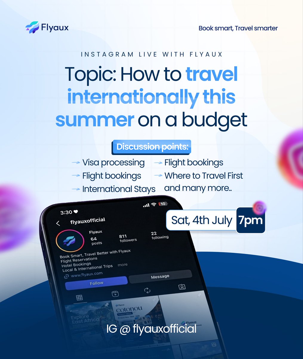 Flyauxofficial's tweet photo. Dreaming of an international trip but worried about the cost?

Join us LIVE as we break down practical ways to travel internationally this summer without breaking the bank.

From finding affordable flights to understanding the visa process, we'll share tips that can save you both time and money.

JUL

17

Saturday, 4th July

4:00 PM (WAT)

Live on Instagram: @flyauxofficial

Bring your questions and let's make your travel goals a reality!

#flyaux #summer2026 #flightbooking #travelafrica

#internationaltravel