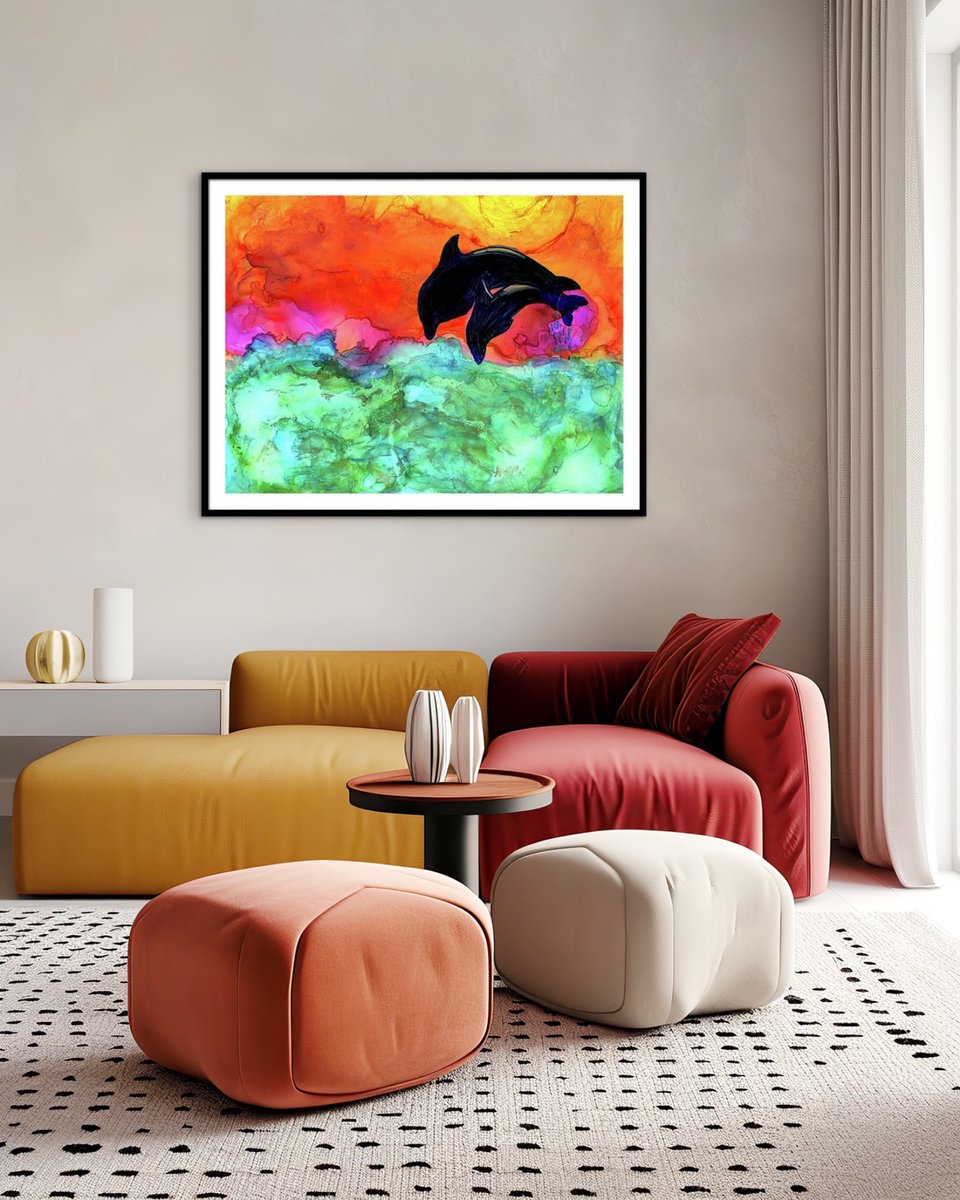 KizCheerios's tweet photo. Dolphins Leaping Into The Sunset is a bright and summery piece that always puts a smile on my face when I look at it. Have it as a wall piece, beach towel, cell phone case and more! https://t.co/sWLa4yM73C #wallprints #dolphins🐬 #sunsetartwork #homedecor https://t.co/97cQ9C7Mq7