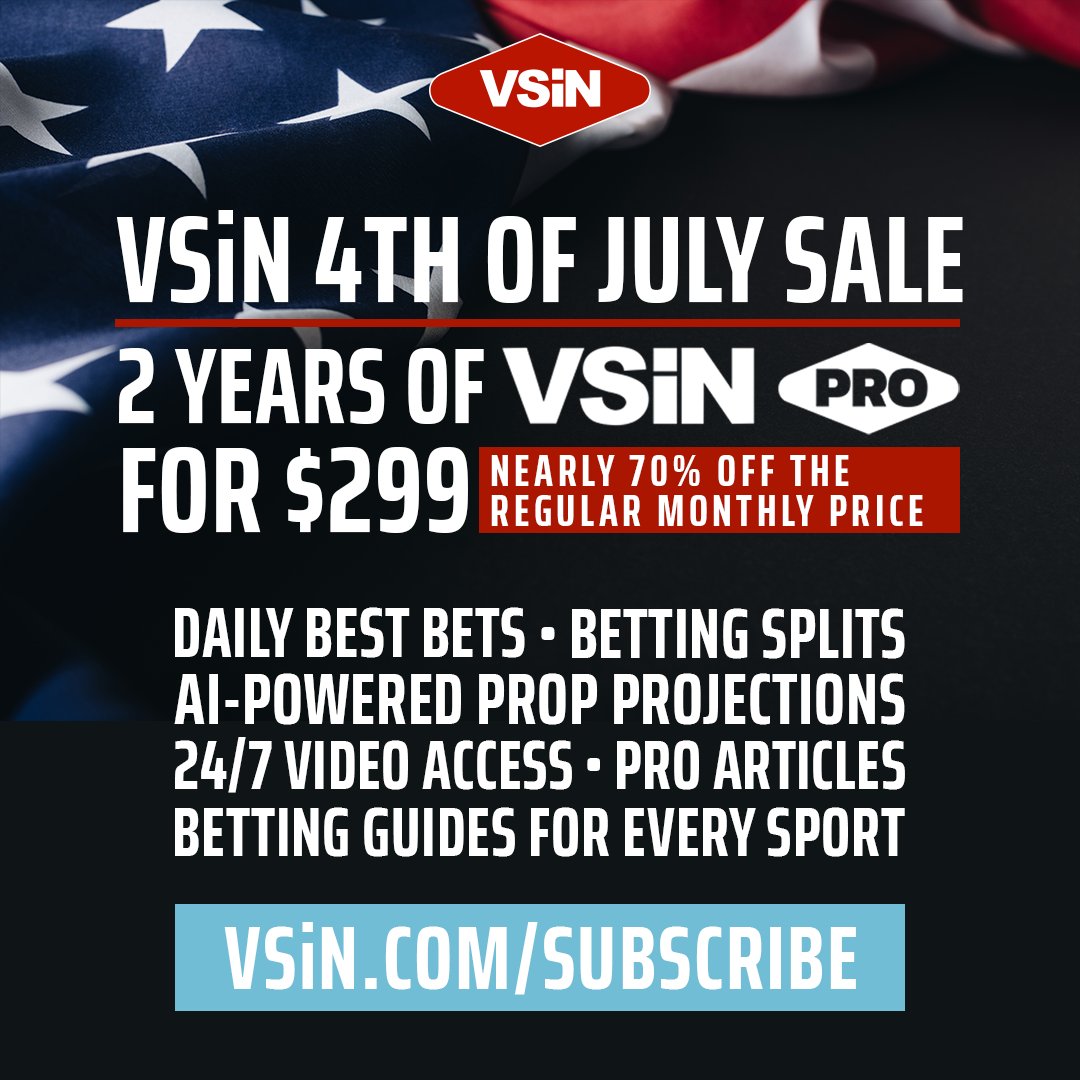 VSiNLive's tweet photo. 🇺🇸 Our biggest VSiN Pro deal of the year is here.

✅ New subscribers: 2 years for just $299.

✅ Current subscribers: Extend by 2 years for $299—we'll add time to your current expiration date.

New: https://t.co/brAyxwG3BA
Current: Reply to your VSiN Daily email. https://t.co/ir8ml2n1l3