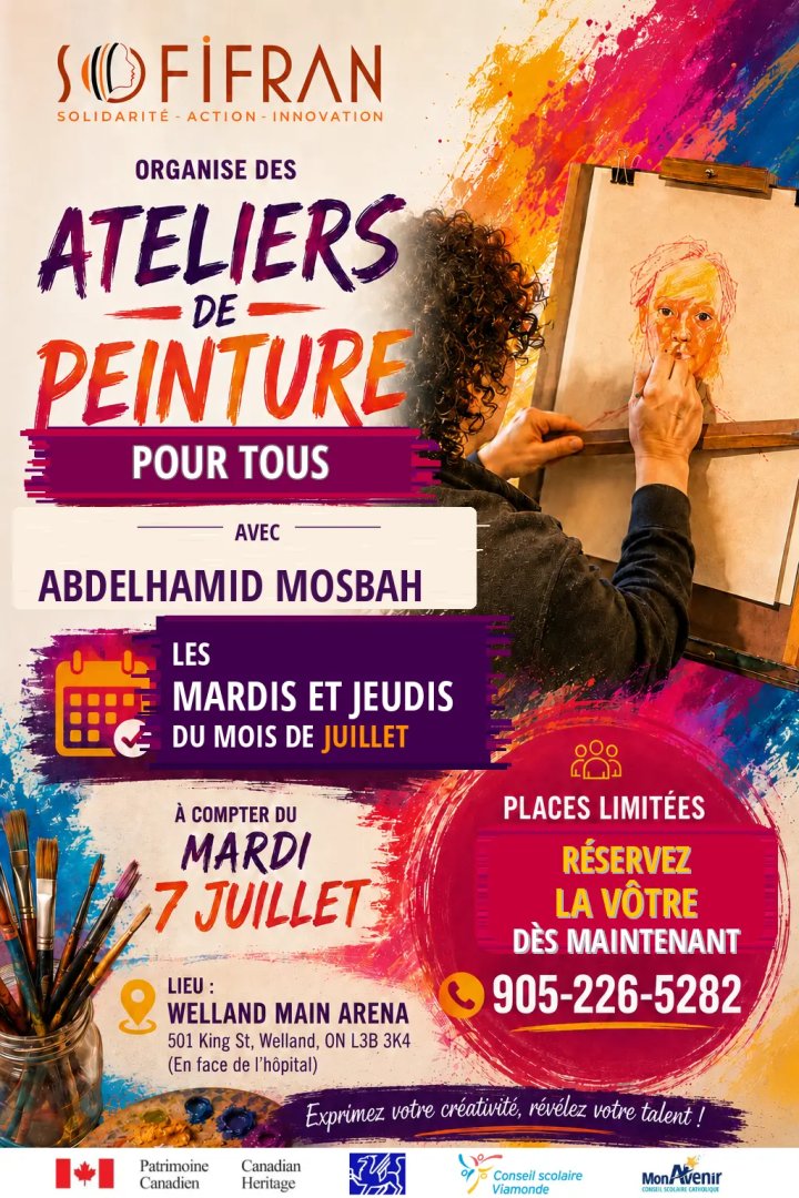 sofifranniagara's tweet photo. 🎨 Ateliers de peinture pour tous avec Abdelhamid Mosbah à Welland. Mardis et jeudis en juillet dès le 7 juillet. Infos/réservation : 905-226-5282
🎨 Painting workshops for all in Welland. Tuesdays & Thursdays in July. Info/reserve: 905-226-5282
#SOFIFRAN #Welland #Art https://t.co/lj3dWhoxAS