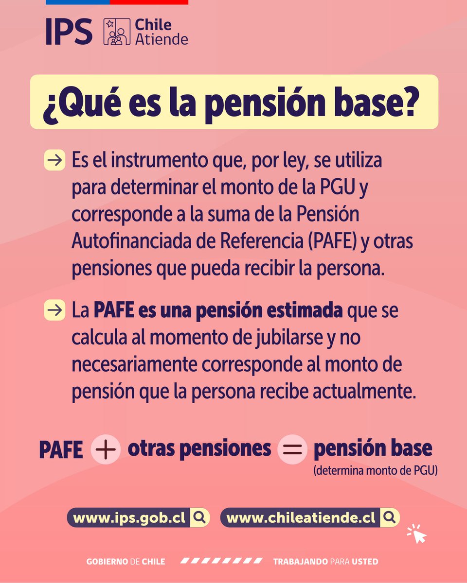 IPSChile's tweet photo. 📢Información importante de la #PGU:
◾️Si bien hay un valor máximo, el monto de la #PGU no es igual para todas las personas, esto porque se determina mediante el cálculo de la pensión base de cada solicitante.
🔎Revisa las imágenes⬇️e infórmate➡️ https://t.co/HWBSVGFpT8 https://t.co/StBdHcaO06