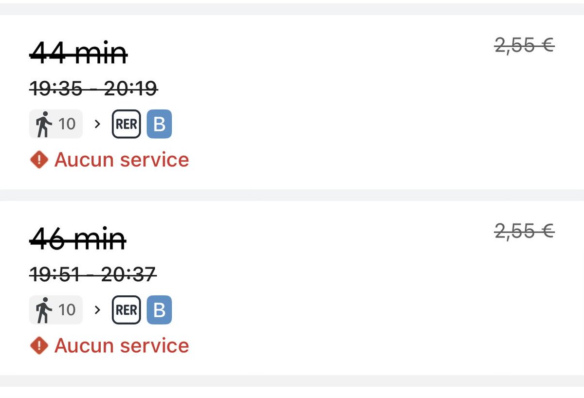 minimaItypos's tweet photo. @RERB vous savez pourquoi le rer b n’est plus proposé quand on cherche un trajet sur google maps? On a l’indication des travaux habituels le soir mais l’app considère qu’il n’y a pas de trains du tout https://t.co/o6jU26Gq75