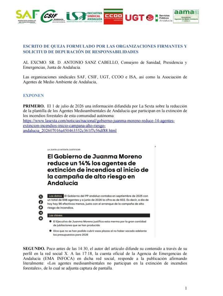 AntonioMaestre's tweet photo. Todos los sindicatos juntos piden a la Junta de Andalucía la asunción de responsabilidades por haber negado la participación de los Agentes Medioambientales en los incendios forestales en reacción a la exclusiva que publique por la merma de la plantilla.

https://t.co/lUIzmVDzjO

@aamaa_es