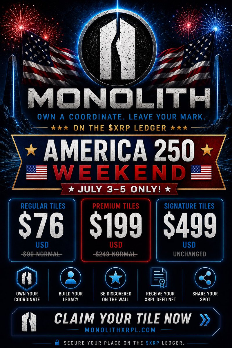 mrcauliman's tweet photo. 🇺🇸 We’re running an America 250 Weekend discount on MONOLITH.

Built on the $XRP Ledger.

MONOLITH is XRPL coordinate real estate. When you claim a tile, you get your own coordinate, your own URL, a MySpace-style tile page, wallet proof, profile customization, links, image/media features, Coordinate Deed NFT proof, and free Tile Market access.

Regular Tiles: $99 → $76
Premium Tiles: $249 → $199
Signature Tiles stay $499.

July 3–5 only.

Own a coordinate. Leave your mark.

@monolith_xrpl
🌐 https://t.co/HZl8d4L6Pv