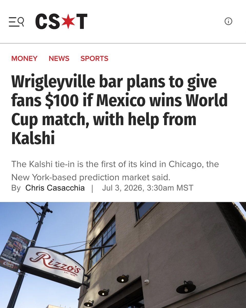 Nhull28's tweet photo. Rizzo's in Wrigleyville just hedged $2K on Kalshi to take $100 off everyone's tab if Mexico beats England this Sunday.

Bars are fighting for World Cup foot traffic, and hedging to go big on promotions is how they can stand out without taking on the risk. https://t.co/jB51TM5zqk