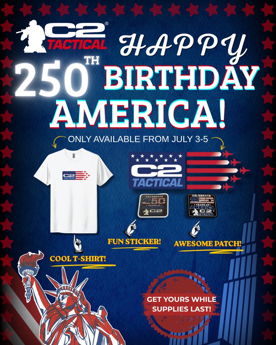C2_Tactical's tweet photo. 💖🗽In celebration for America's birthday tomorrow, we created this awesome T-Shirt bundle🎇 These special items are available to purchase in our stores from July 3-5! The supply is limited, so make sure to stop by and collect this memorabilia for the 4th of July🧨🎆 https://t.co/JN1hKpxtSE