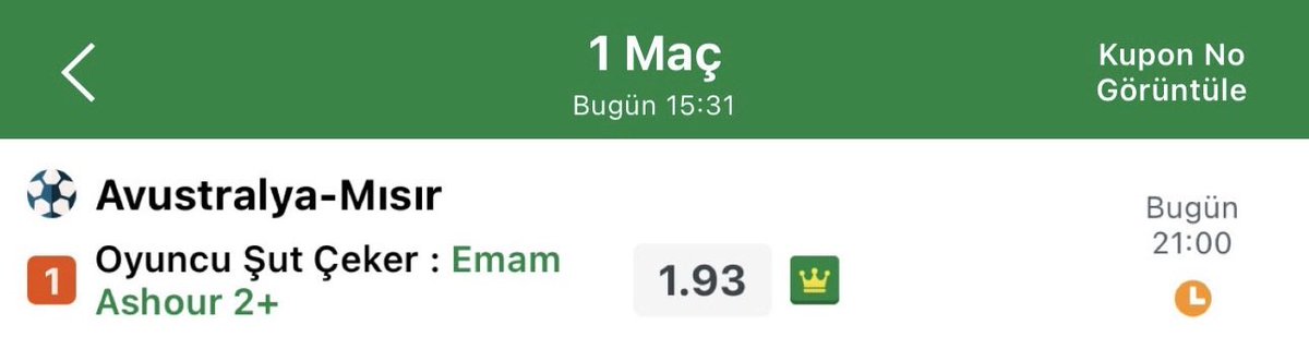 trspecialpickss's tweet photo. Avustralya - Mısır

Az daha bunu paylasmayi unutuyordum. Ben oglenden aldigimde degerli bir secim degildi ama kadrolardan sonra yurt disinda 1.60 seviyelerine gelmis. Degerli yani. Onun disinda Ashour'u cok begeniyorum. Birebir yetenegi yuksek. Bugun kenara cok hapsolmazsa 2 sutu kesin atmasi gerekiyor. Avustralya'nin geriye yaslanacagini dusundugum icin guvenim iyi. Bol sans herkese.

Güven: 8/10