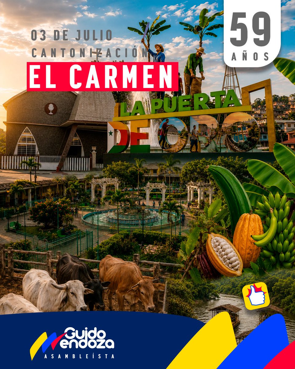 GuidoAndres_M_A's tweet photo. 59 años de historia, trabajo y orgullo manabita. 💚

Hoy celebramos a El Carmen, la Puerta de Oro de Manabí, un cantón donde la fuerza del campo, la riqueza de su tierra y la calidez de su gente reflejan la esencia de una provincia que nunca deja de luchar, producir y soñar. 🫶

¡Feliz aniversario de cantonización, El Carmen!
