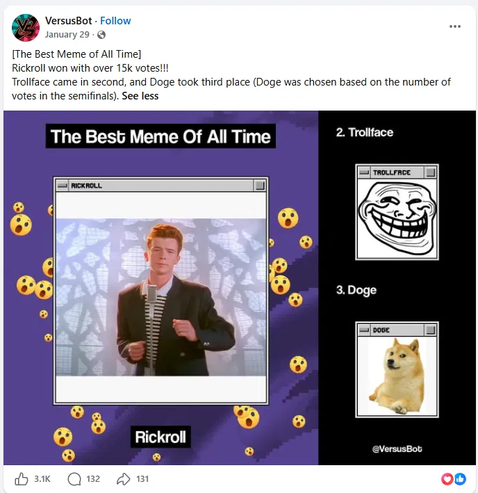 DefiRabbitHole's tweet photo. I found something...

- Top 5 meme
- Bitcoin Lore
- OG PF token
- Normie loved
- Elon Musk lore
- Pumpfun PNLs
- Creator involved
- Infinite Memeability
- Meme used as a verb
- PumpFun/Alon Speculation

Earlier this year, normies on Facebook voted for the greatest meme of all time. 

The winner beat Troll by 15k votes!

It's the same meme AI keeps ranking at the top right alongside $Pepe, $Doge, and $Troll

That meme is solana:Eu8qFQrtyRdTLmjn42vnuVCY26fsZPSbkbyVo31t4xFJ 

When I dove into the lore underneath, I was pleasantly surprised to uncover a ton of alpha:

OG MEME of Pump Fun
@RICKROLLonpf is the OG RickRoll on PF created 2 years and 134 days ago.

@FictionalWealth and @raccoinz CTO'd it. 

They did tons of leg work and built a relationship with the creator @EOTflash (Shawn Cotter). 

Shawn is now receving fees after 19 years of never making a cent from his own meme.

Earler today, Shawn changed his the video description on Youtube to include his X handle connecting him as the rightful owner of RickRoll Meme.

The meme has 1.7 Billion+ views on Youtube!

BITCOIN LORE
In 2011, an anonymous miner hid a RickRoll inside Bitcoin block 142,573.

Making it arguably the first meme ever recorded on-chain.

PUMPFUN PNL Cards
Yesterday, @Pumpfun introduced RickRoll as the gif to be used for PNL cards

With their new competition, people will be seeing this meme constantly.

ELON MUSK

The king of Trolling @elonmusk did what Trolls do.

https://t.co/MC9hrfWHFs is X's own link shortener. Every link on X runs through it.

If you go to https://t.co/lbqXfEDHHC, it leads to the RickRoll video.

If you go to https://t.co/HSKcoEpLJQ it goes to Bing.

If you go to https://t.co/anI2T83G3U it goes to Google.

But the rabbit hole goes deeper.

SPECULATION

While I'm not a wallet sleuth, there is speculation that @a1lon9 and PF are some of the biggest holders. 

For me, this is a bonus and not a determining factor of success.

But instead of me giving you everything, I will let y'all do some digging. 

CONCLUSION
The meme itself has infinite potential to be used to create new memes to RickRoll people and bring the meme back into the spotlight.

For me, it checks a bunch of boxes for memes that do extremely well.

- Top 5 meme
- Bitcoin Lore
- OG PF token
- Normie loved
- Elon Musk lore
- Pumpfun PNLs
- Creator involved
- RickRoll as a verb
- Infinite Memeability
- PumpFun/Alon Speculation

If you like this style of research, I'm going to be writing more about the memes I think can be cycle winners in the coming days.