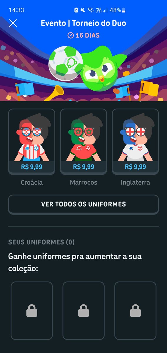 Gabs_rar's tweet photo. Fala sério @duolingo, como que eu faço as missões todos os dias e estou com ZERO uniformes????? https://t.co/YcGpUSP0VL