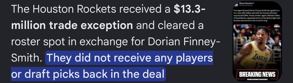 BigMeechDM's tweet photo. @PlayzWorld @batman14324433 @Mango35805877 @ShamsCharania The Houston Rockets received a $13.3-million trade exception. That’s literally what we got out of the trade. No players or picks. Just trade exception. 
You bout ignorant af. https://t.co/w2eSTlZF5H