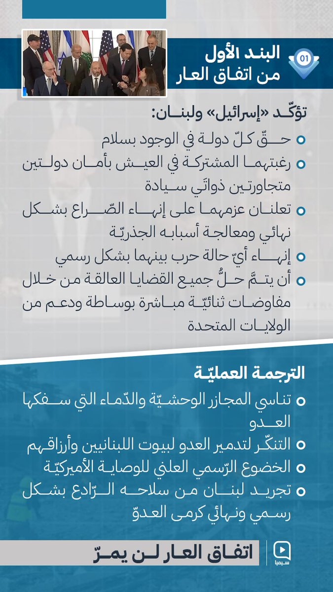 HusseinRimal's tweet photo. اتفاق العار لن يمر″.. البند الأول يسعى لفرض الوصاية الأميركية وتجريد لبنان من سلاحه تحت مسمى ″العيش بأمان″ و″المفاوضات الثنائية″.
*لا يمكن بناء سلام على حساب دماء الشهـ.ـداء وتناسي مجـ.ـازر العـ.ـدو.* https://t.co/lzB5eC72MG