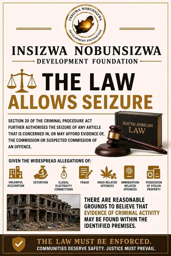 PhakelaMthakath's tweet photo. HIJACKED BUILDINGS 

The Insizwa Nobunsizwa Development Foundation will be undertaking clamping down on hijacked buildings and calls upon the South African Police Service (SAPS) to urgently initiate lawful investigations and obtain search warrants in respect of hijacked and unlawfully occupied buildings in South Africa. Lets never forget DJ Warris who sacrificed his life while fighting hijacked buildings in Johannesburg. 

For example according to eThekwini Municipality reports it was identified that there are 76 problem buildings in the eThekwini inner city—including hijacked, abandoned, and structurally unsound properties. Of these, at least 16 are confirmed as hijacked and unlawfully occupied, while other reports have previously tracked upwards of 27 to 88 total problematic/dilapidated properties. We've watched criminality continue for far too long and its time we as men assist to put an end to it. 

This problem is not a eThekwini problem alone but across the KZN province and in South Africa as a whole. These properties form part of a broader pattern of illegally occupied, derelict and unsafe buildings that continue to contribute to urban decay, criminality and deteriorating living conditions within the Durban central business district and surrounding areas. We have buildings from Transnet that have been hijacked and are now criminal havens it can't be business as usual. 

The conditions prevailing within these buildings pose serious risks to human dignity, public health and public safety. Occupants are frequently exposed to unsafe and inhumane living conditions, while surrounding communities face heightened risks of violent crime, fire hazards, structural collapse, illegal utility connections and environmental health concerns. In many instances, these buildings are controlled by organised criminal groups that exploit vulnerable individuals through unlawful rental schemes and other criminal activities. We saw the fires in the Johannesburg CBD because of the conditions of these buildings. 

The Foundation believes that these circumstances warrant urgent law enforcement intervention within the framework of the Constitution of the Republic of South Africa, 1996, and the Criminal Procedure Act 51 of 1977. Those officials who are benefiting to this criminality and living large from the processeds of crime must be aware that we know them and they will be exposed. 

Section 21 of the Criminal Procedure Act provides that search warrants may be issued by a magistrate or justice upon information provided under oath where there are reasonable grounds to believe that an offence has been or is being committed and that evidence relating to such offence may be found on the premises concerned. The law makers and keepers of this country are very much aware of all these criminal elements and they allow them to continue and we as Izinsizwa will put an end to this criminality.

Section 20 of the Criminal Procedure Act further authorises the seizure of any article that is concerned in, or may afford evidence of, the commission or suspected commission of an offence. Given the widespread allegations of unlawful occupation, extortion, illegal electricity connections, fraud, drug-related offences, immigration-related offences, possession of stolen property and other criminal conduct associated with many of these buildings, there are reasonable grounds to believe that evidence of criminal activity may be found within the identified premises.

While Section 22 of the Criminal Procedure Act creates limited exceptions permitting warrantless searches under specific circumstances, the Foundation believes that the ongoing and systemic nature of these unlawful occupations requires SAPS to follow the ordinary constitutional process by applying for judicially authorised search warrants before conducting enforcement operations.