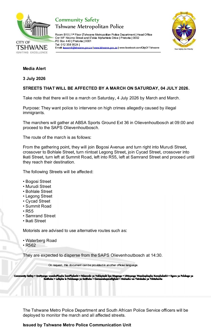 CityTshwane's tweet photo. Streets that will be affected by a March on Saturday 4 July 2026. https://t.co/e9ILO2GdxG