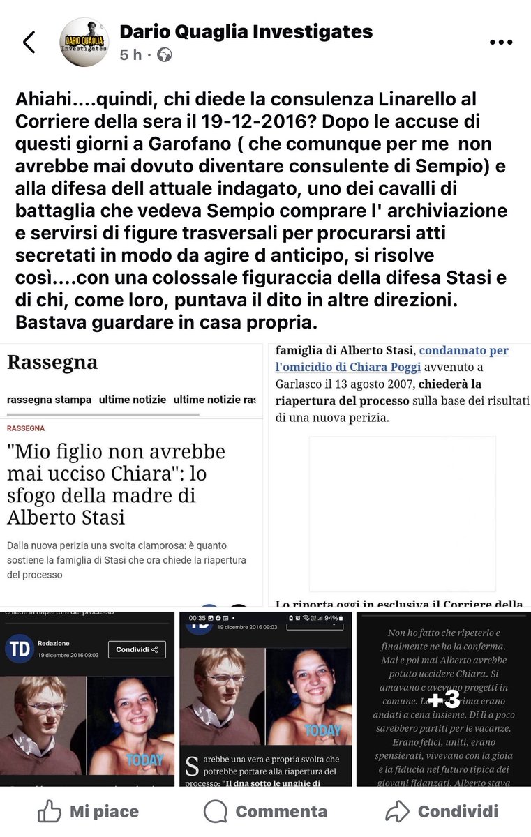 Anneja1977's tweet photo. #Garlasco
Nella puntata online del 17 ottobre 2025 di Quarto Grado manca un servizio che nella puntata televisiva mandarono in onda.
Il servizio a cura di Fabio Lombardi ricostruiva l’affaire della consulenza Linarello finita nelle mani della difesa di Sempio, e lasciava sottintendere che a darla alla stampa fosse stata la mamma di Alberto Stasi. Il primo che cavalcò - e alla luce dei nuovi scoop di Giallo si può dire che mai verbo fu più azzeccato - questa cosa fu lo youtuber Dario Quaglia che postò questo post anche in un gruppo fb (sì, il solito gruppo di fake e stalker). Ricordo i commenti feroci contro la signora Ligabò e, come sempre, contro il dottor Stasi.
Il tempo, proprio come alcuni PM, è galantuomo e mette ognuno al proprio posto. C’è chi costruisce narrazioni e chi aspetta i fatti e alla lunga, le seconde sopravvivono sempre. Le quaglie, invece, finiscono quasi sempre mangiate da qualcuno.
🪙🪙