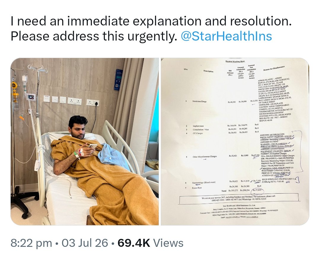 amitbehalll's tweet photo. Update: I'm finally back home and have been discharged. Since the issue has now been resolved, I'll be deleting the original tweet.

Here's what happened:

Initially, on an estimated bill of ₹3.77 lakh, Star Health approved only ₹1.67 lakh. Later, when my final hospital bill came to ₹3.55 lakh, they again approved only ₹2.90 lakh, leaving many essential surgery related expenses unpaid.

After I raised the issue on social media, my claim was reviewed again, and the remaining amount was approved.
I'm grateful that the issue was resolved, but it was also extremely stressful.

 It makes me wonder what would have happened if I didn't have the reach of social media. Would I have ever received the full claim?

A huge thank you to everyone who supported, shared the post, and helped amplify my voice. I'm also sincerely thankful to the entire team at @ManipalHealth and all the doctors, nurses, and staff who took care of me 24×7 throughout my treatment.

My only request to @StarHealthIns if a claim is genuinely payable, please approve it during the normal process. Customers shouldn't have to take their grievances to social media to receive what they're entitled to.

My recovery isn't over yet. I still have follow up visits for stitch removal and physiotherapy. I'll continue sharing my experience and a complete review of the entire claim process once my recovery is complete.