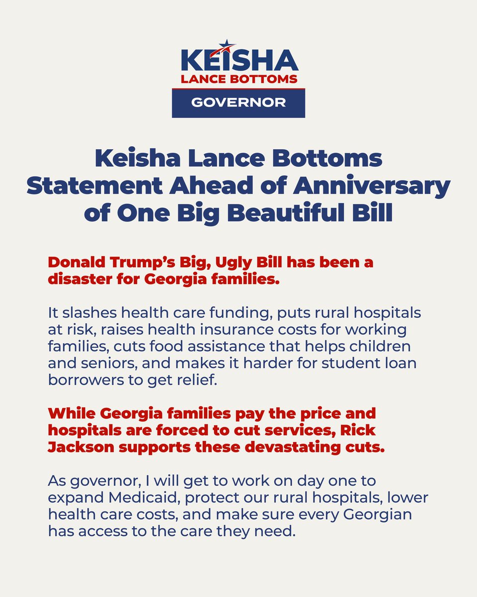 KeishaForGA's tweet photo. Read Keisha Lance Bottoms’ statement on the one-year anniversary of Donald Trump’s “Big Ugly Bill” and the disaster it’s caused for Georgia families ever since. #gapol https://t.co/MTg9MQIOsC