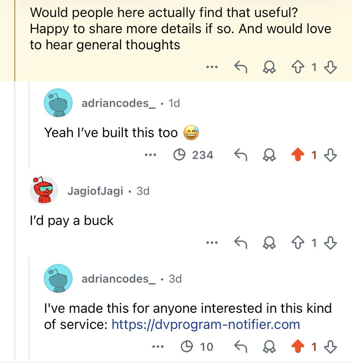 adriancodes's tweet photo. Ohh and somehow my reply with the actual website link got fewer views than the one where I replied that I built the same thing. 

Maybe Reddit hides comments with links? https://t.co/cBLspeXdVG