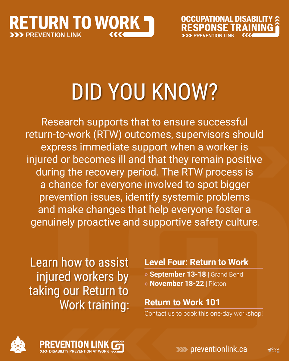 Preventionlink's tweet photo. RTW hinges on collaboration of the employer, the union, and the worker. Support injured workers—take our training! 👉Visit https://t.co/gvyJCuiVN3 #WSIB #WorkersComp #ReturnToWork #SafeWorkplace #onlab #DutyToAccommodate https://t.co/LSoHB17gh8