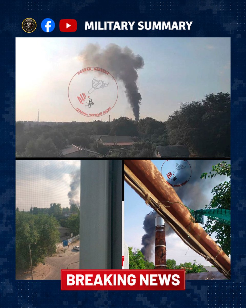 MilitarySummary's tweet photo. Today at 17:50, a strike was carried out using a Geran-4 jet-powered UAV against fuel and lubricant storage tanks on the premises of the Zaporizhzhia Oil and Fat Processing Plant in the city of Zaporizhzhia.

📍 Coordinates: 47.823235, 35.217722

As a result of the strike, the target was hit. A large-scale fire broke out at the impact site with thick black smoke.